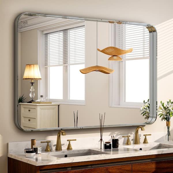 XRAMFY 30 in. W x 48 in. H Rectangular Modern Aluminum Framed Rounded Silver Wall Mirror