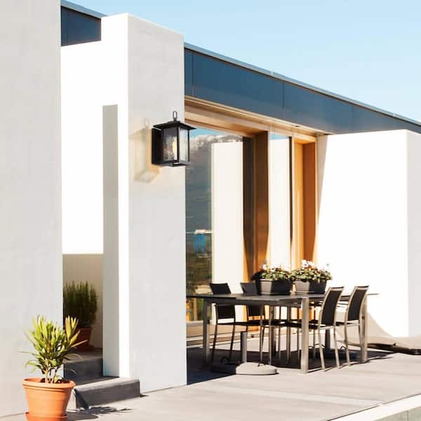 Modern Black Outdoor Wall Sconce, Farmhouse Lantern Coach Light with Waterglass Shade, 1-Light Porch Patio Deck Lighting