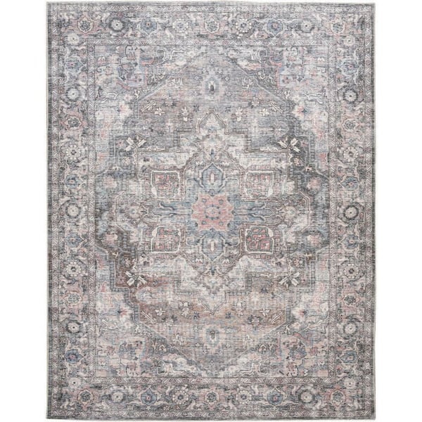 Nourison 57 Grand Machine Washable Gray 8 ft. x 10 ft. Floral Traditional Area Rug