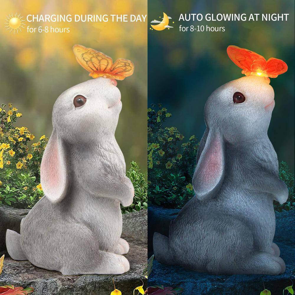 Gray Resin Rabbit with Solar Butterfly Garden Statue