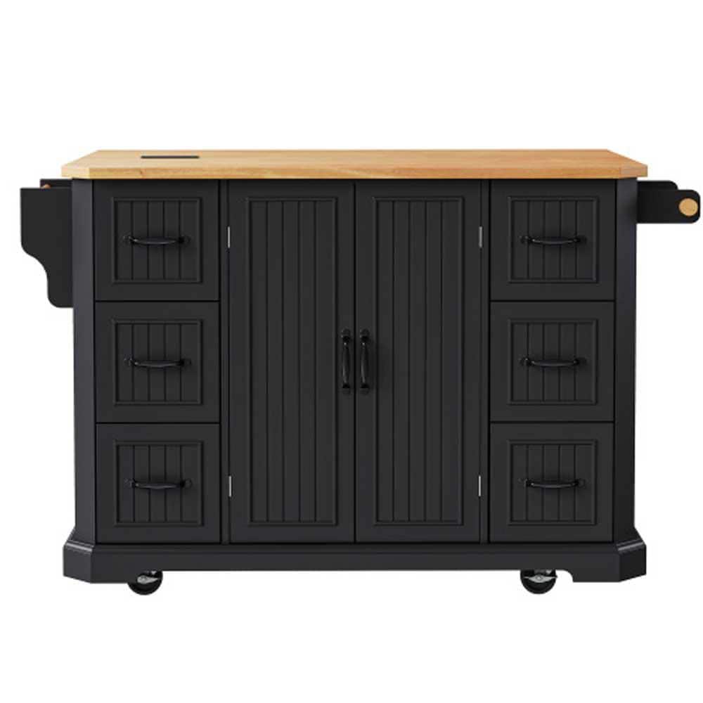 Black Wood 56 in. Kitchen Island with Rubber Wood Veneer Drop Leaf, Power O