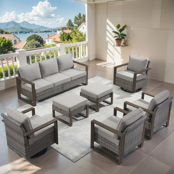 Gymojoy Allcot Gray Wicker 7-Piece Patio Sofa Set Outdoor Deep Seating Conversation Set with Gray Cushions