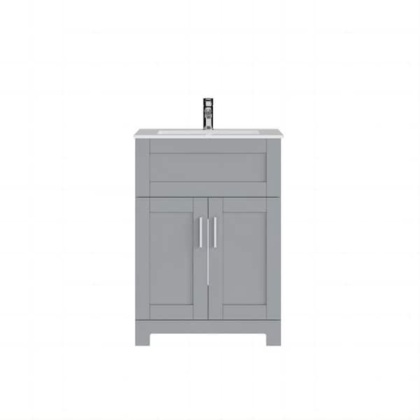 WELLFOR 24 in. W x 18.3 in. D x 34 in. H Single Sink Bath Vanity in Gray with White Ceramic Top
