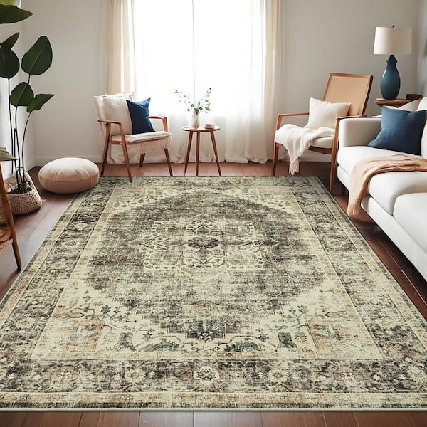 Coffee 10x13 Vintage Persian Style Area Rug Faux Cashmere Polyester