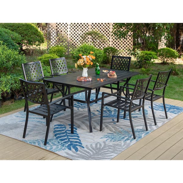 PHI VILLA Black 7-Piece Metal Rectangle Patio Outdoor Dining Set with Slat Table and Elegant Stackable Chairs