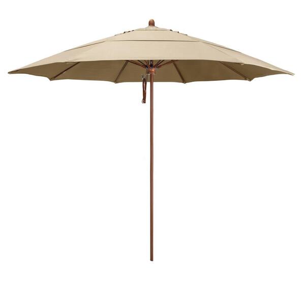 California Umbrella 11 ft. Woodgrain Aluminum Commercial Market Patio Umbrella Fiberglass Ribs and Pulley Lift in Antique Beige Sunbrella