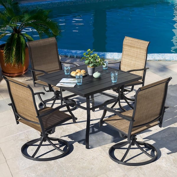 Nuu Garden 5-Piece Steel Sling Outdoor Patio Dining Set with Square Table and Swivel Dining Chairs in Brown