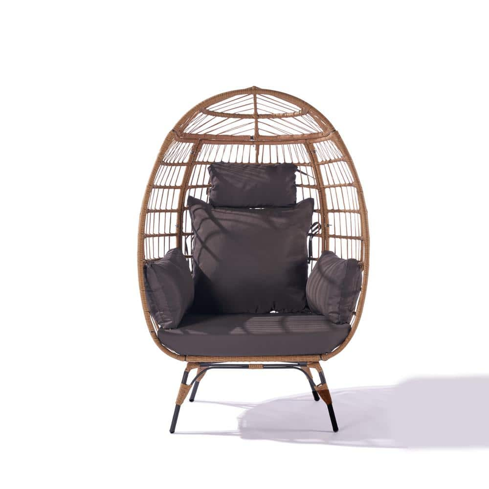 Tenleaf Wood Outdoor Lounge Chair Rattan Egg Swing Chair with Dark