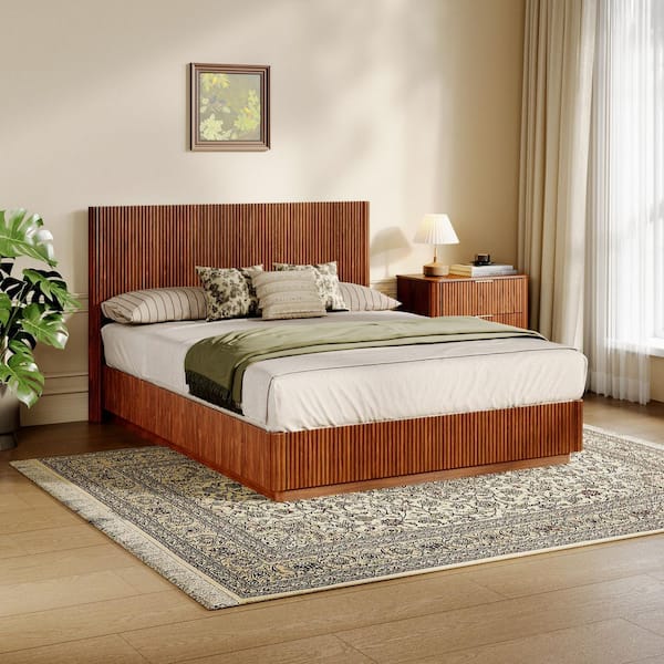 Lachlan Modern Walnut Brown Wooden Frame Queen Size Platform Bed with Headboard, LED Lighting