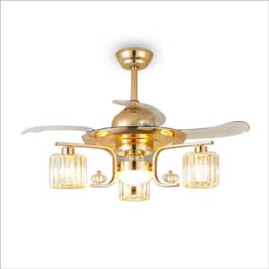 48 in. 3-Light Indoor Gold Ceiling Fan with Remote, Modern Crystal Retractable Fandelier for Bedroom, Bulbs Not Included