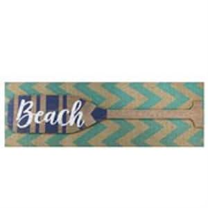 Aqua Blue Chevron Burlap with Beach" Wood Look Oar Linen Wall Art 24 in.