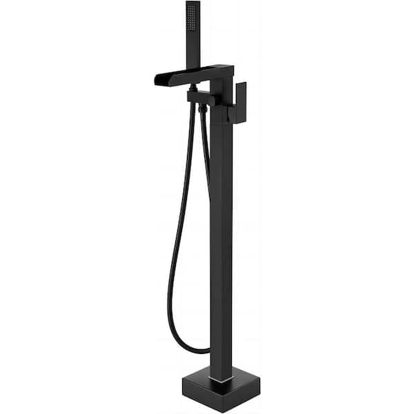 Mondawe Modern Open Waterfall Single-Handle Freestanding Tub Faucet with Hand Shower Valve Included in Matte Black
