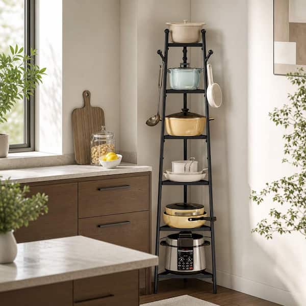 Black 6-Tier Corner Pot Rack with Tapering Design and Multi-Functional Hooks, Space-Saving Wall Mount Storage Organizer