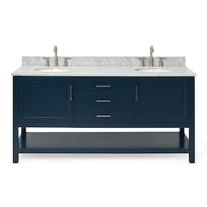 Bayhill 73 in. W x 22 in. D x 35.25 in. H Bath Vanity in Midnight Blue with Carrara White Marble Top