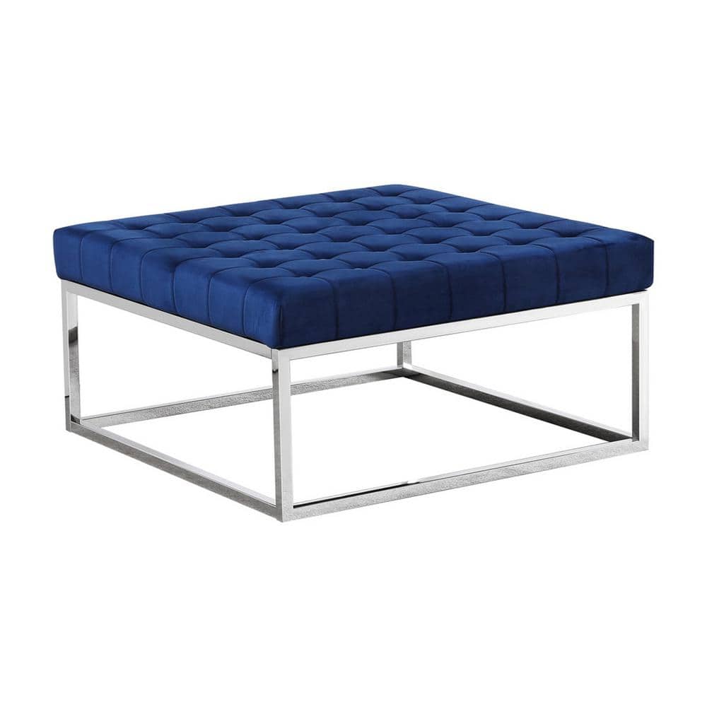 Navy Blue Velvet Tufted Square Ottoman Coffee Table with Silver Base