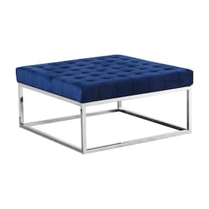 Adnan Tufted Navy Blue Velour Square Stainless Steel Ottoman