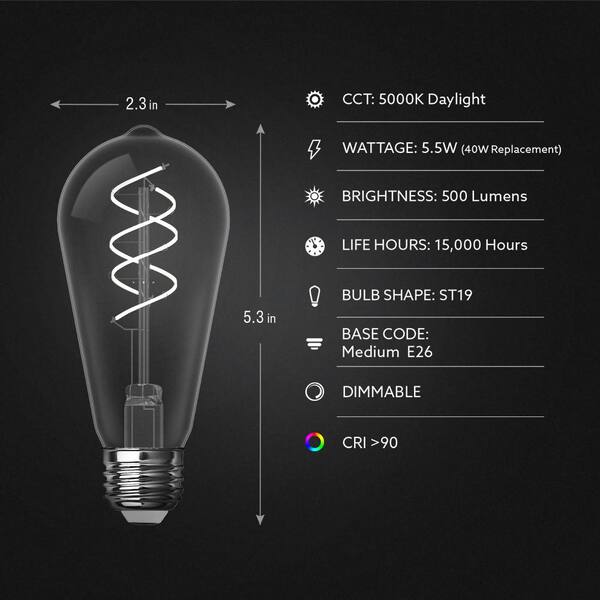 Feit Electric 40-Watt Equivalent ST19 Dimmable LED Smoke Glass Vintage Edison Light Bulb With M Shape Filament Daylight (4-Pack)