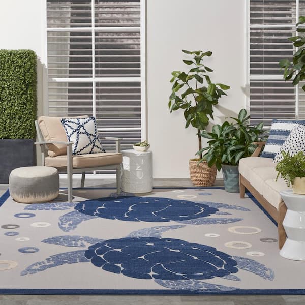 Aloha Navy Blue 8 ft. x 11 ft. Coastal Sea Turtle Botanical Indoor/Outdoor Patio Area Rug