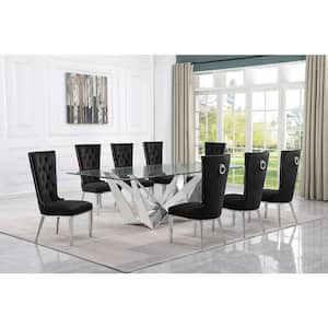 Meryl 9-Piece Rectangular Glass Top Stainless Steel Base Dining Set With 8-Black Velvet Fabric Stainless Steel Chair