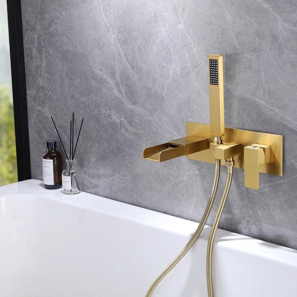 Wall Mounted Bathtub Faucet with Handhold Shower Single-Handle Roman Tub Faucet with Brass Rough-in Valve in Gold