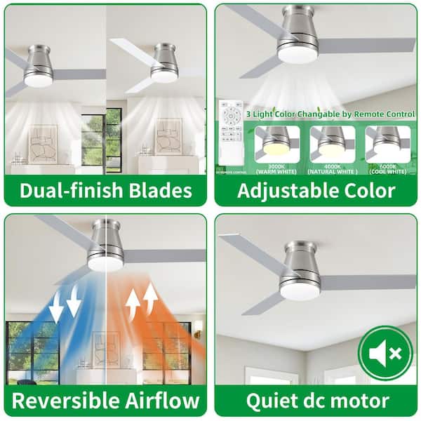 48 in. Brushed Nickel Low Profile Flush Mount Ceiling Fan with Integrated LED Light Included and Remote
