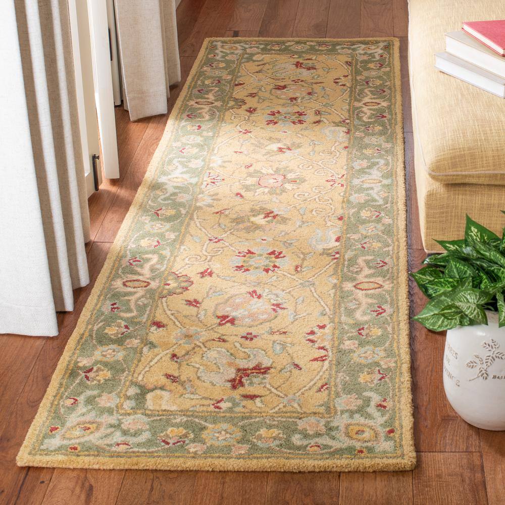 Antiquity Gold and Green Hand-Tufted Wool Runner Rug