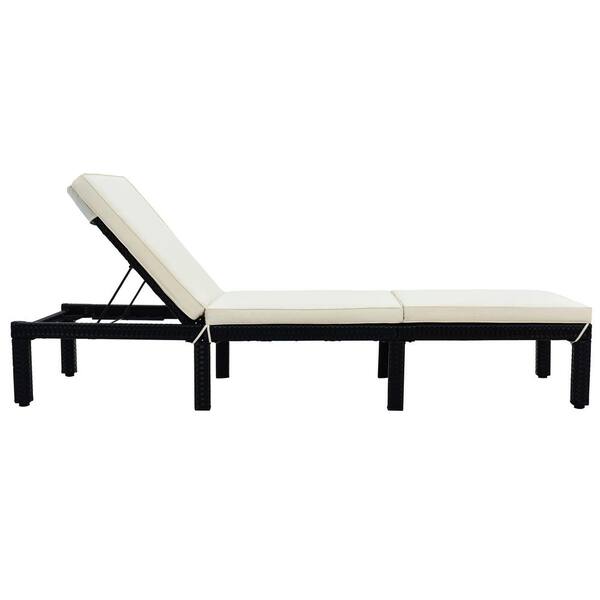 AUTMOON Black Adjustable PE Wicker Outdoor Chaise Lounge Chair with Beige Cushions