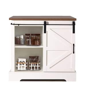 White Wood 32 in. Kitchen Island Dinner Table Sliding Barn Door Buffet Sideboard with 3-Drawers