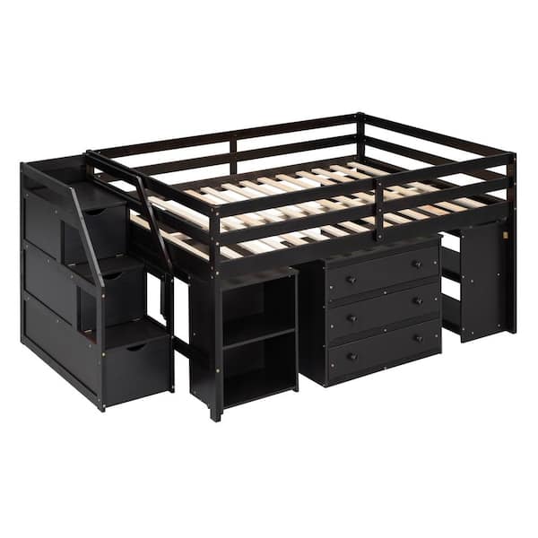 Polibi Full Size Loft Bed with Retractable Writing Desk and 3 Drawers, Storage Stairs and Shelves, Espresso