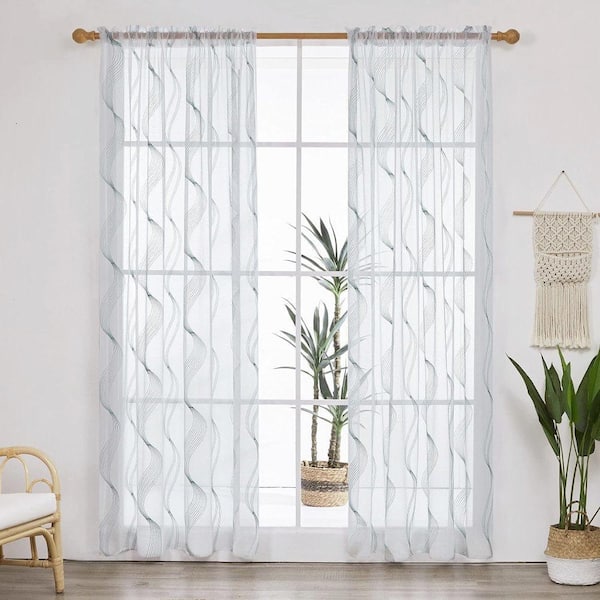 Pro Space 52 in. x 84 in. Agate Green Elegantly Embroidered Striped Rod-Pocket Sheer Curtains (2 Panels)