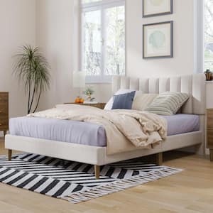 White Wood Frame Full Size Platform Bed with Vertical Tufted Headboard, Linen Upholstery Wood Platform Bed