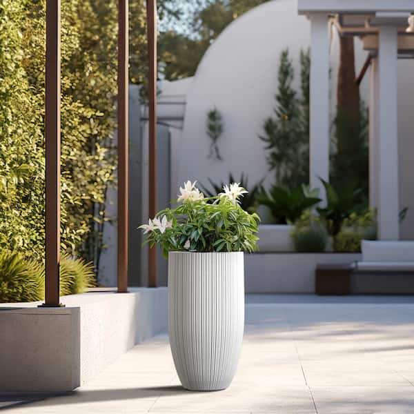 Sapcrete Light-Weight Textured 13.5 in. x 24.5 in. Crisp White Large Tall Round Concrete Plant Pot/Planter for Indoor & Outdoor