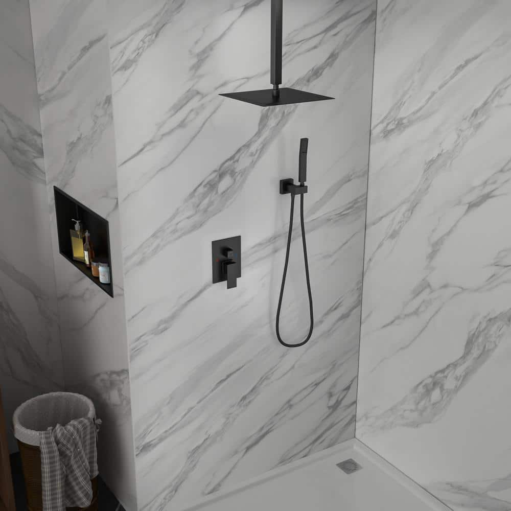 Large Black Matte Dual Square Ceiling Rainfall Shower System