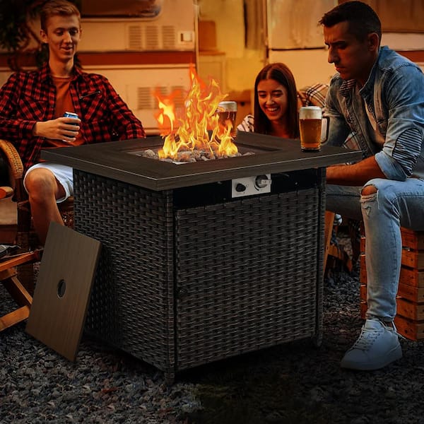 30 in. 50000 BTU Square Brown Wicker Outdoor Gas Fire Pit Table with Volcanic Stone Outdoor CSA Fire Table for Porch