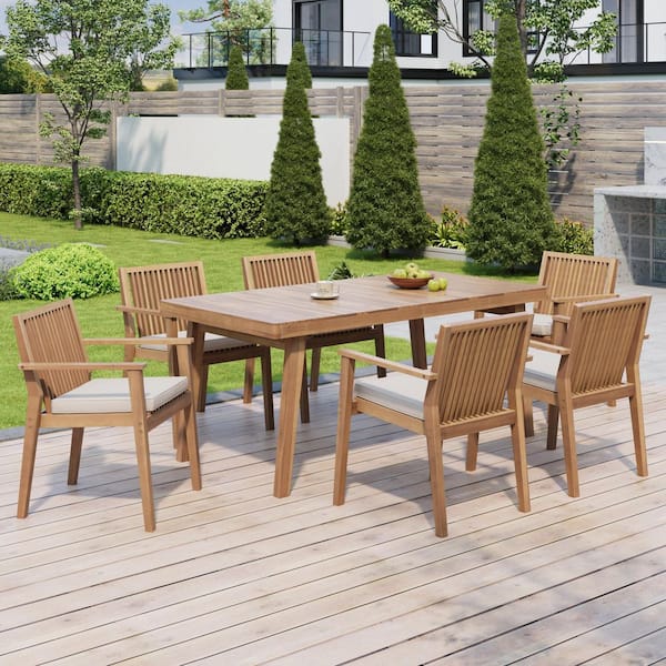 Riverbend Rustic Patio Brown 7-Piece Solid Wood Rectangle Outdoor Dining Set with Beige Cushions, Slat Design