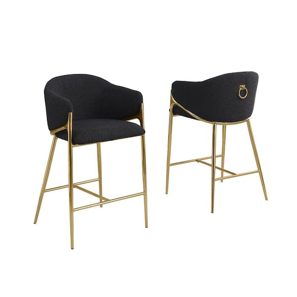 Nadia Black Boucle Fabric Bar Stools Set of 2 With Gold Chrome Legs
