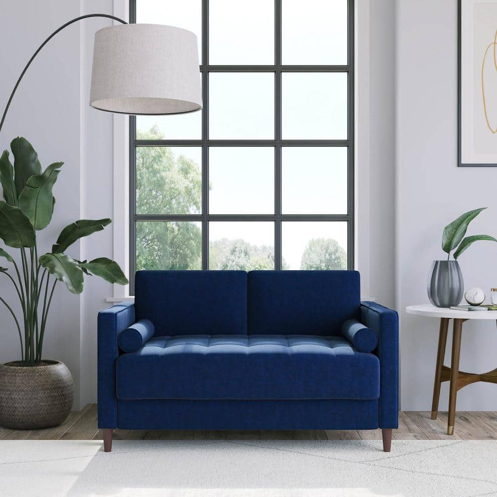 Navy Tufted Microfiber Loveseat with Wood Frame and Removable Cushions