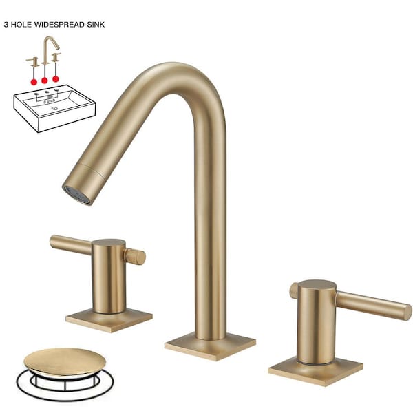8 in. Widespread Double Handle Low Arc Bathroom Faucet with Drain Kit, Easy to Install, Drip Free in Brushed Gold