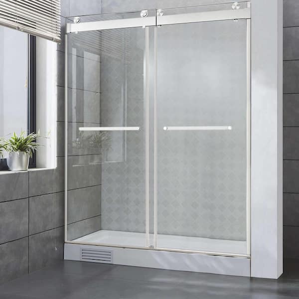 60 in. W x 76 in. H Freestanding Double Sliding Frameless Shower Door /Enclosure in Brushed Nickel Finish