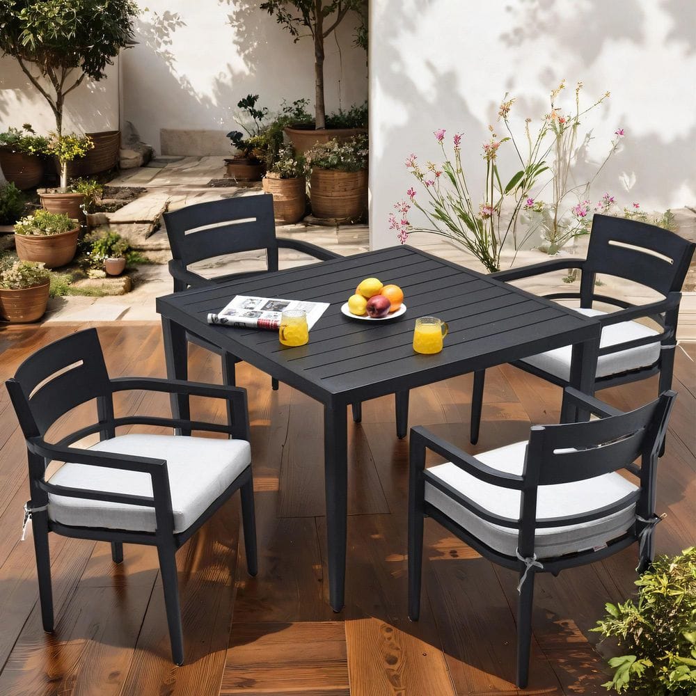 5-Piece Ember Black Aluminum Patio Outdoor Dining Set, 4-Chairs with Beige/Tan Cushions, 40 in. Table with Umbrella Hole price history on PriceWatchPro