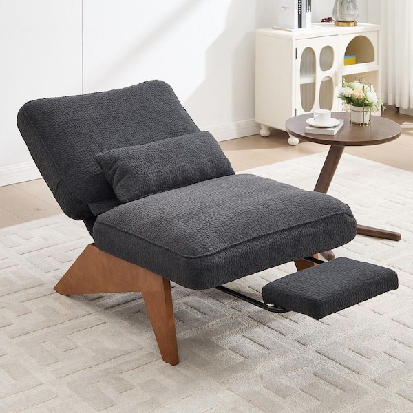 Modern Dark Grey Wool Boucle Upholstered Lounge Accent Wingback Chair with Adjustable Backrest and Retractable Footrest