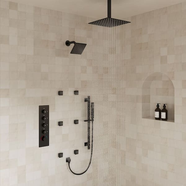 Thermostatic 15-Spray 16 in. and 6 in. Ceiling Mount Dual Shower Head 2.5 GPM with 6-Jet in Matte Black (Valve Included)