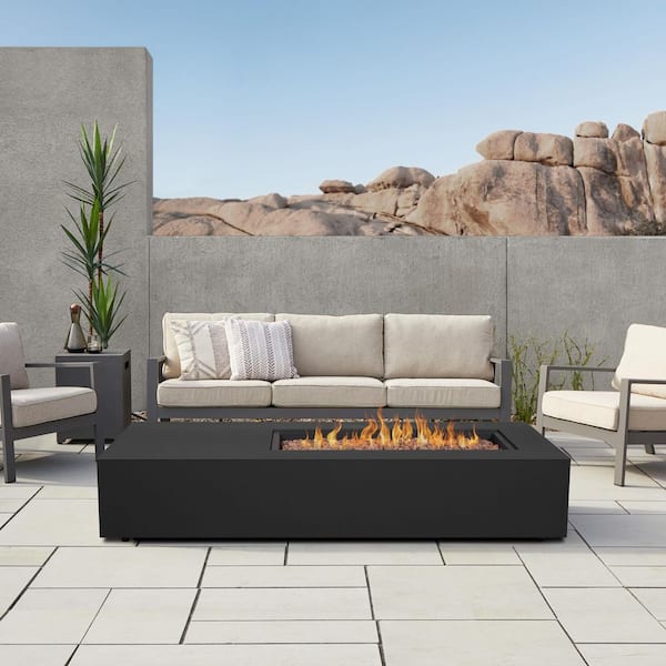 Aegean 75in Asymmetrical Rectangle Powder-Coated Steel Propane or Natural Gas Fire Pit Table in Black.