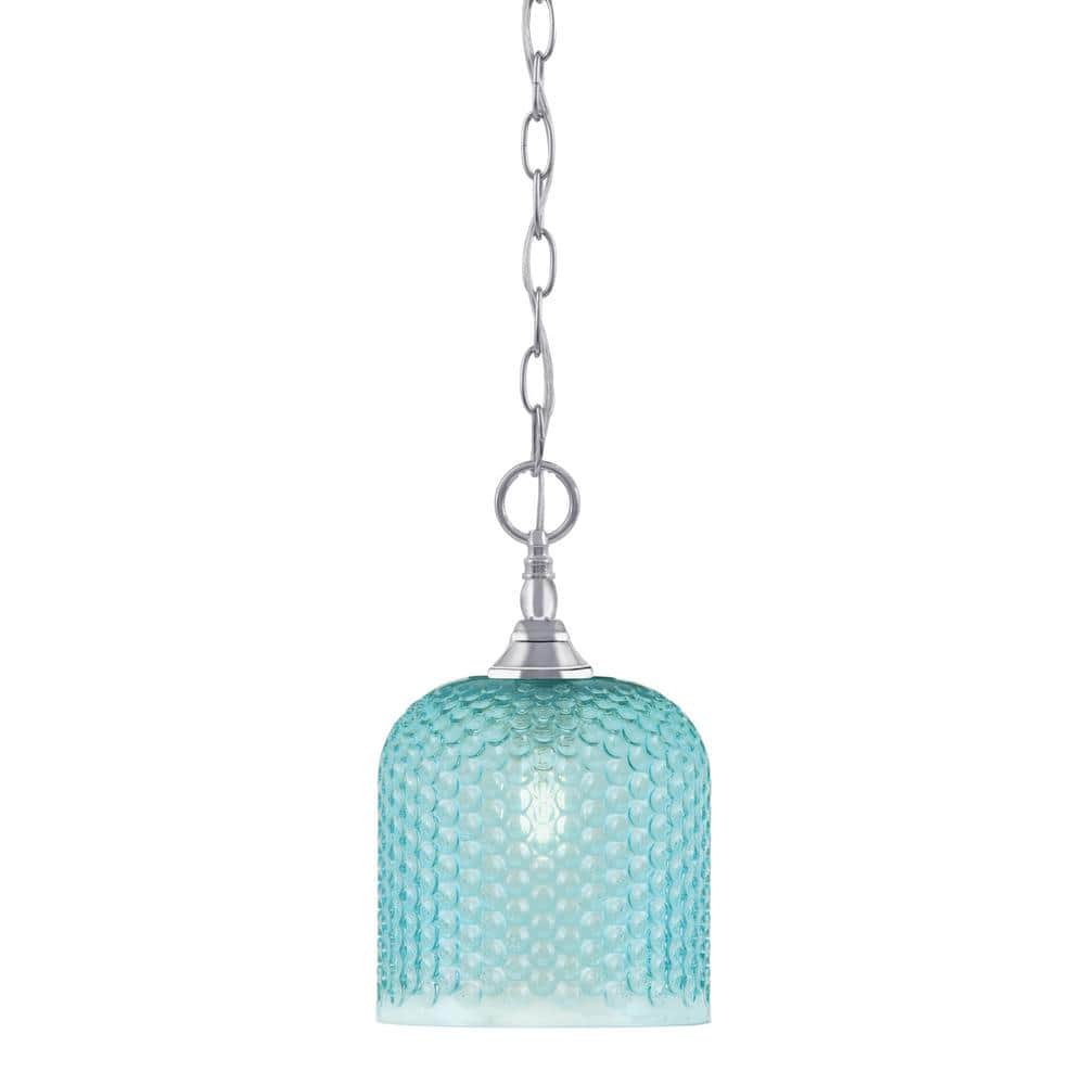 Elva 100-Watt 1-Light Chrome Shaded Pendant Light with 7 in. Turquoise Glas