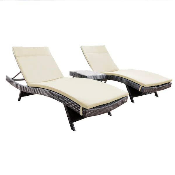 Noble House Miller Grey 3-Piece Faux Rattan Outdoor Chaise Lounge and Table Set with Beige Cushions