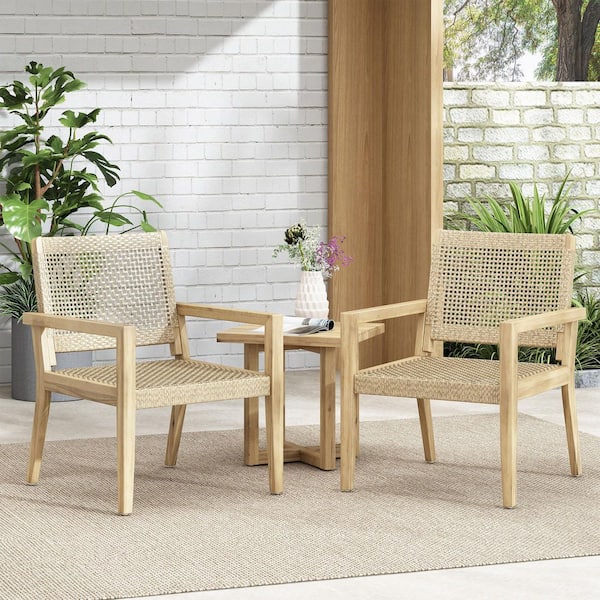 (Set of 2) Patio Light Brown Acacia Wood Frame Wicker Outdoor Lounge Chair