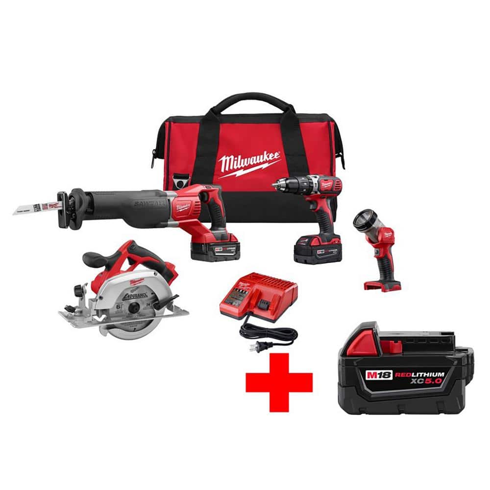 Milwaukee M18 18V Lithium-Ion Cordless Hammer Drill/Sawzall/Circular SawithLight Combo Kit (4-Tool) with Free 5.0Ah Battery -  2694-24-2X