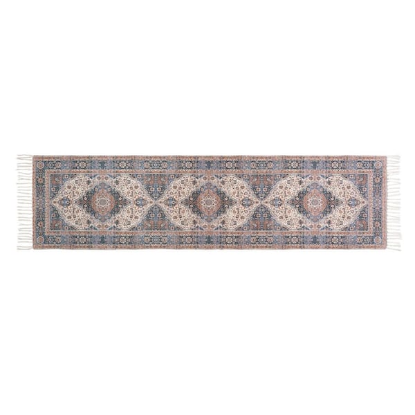 Jessica Simpson Chinille Fringe Machine Washable Blue/Rust 2 ft. x 6 ft. Medallion Runner Rug