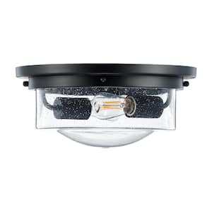 12.6 in. 2-Light Matte Black Flush Mount Ceiling Light with Beaded Glass Drum Shade