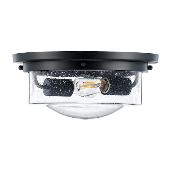 Merra 12.6 in. 2-Light Matte Black Flush Mount Ceiling Light with Beaded Glass Drum Shade